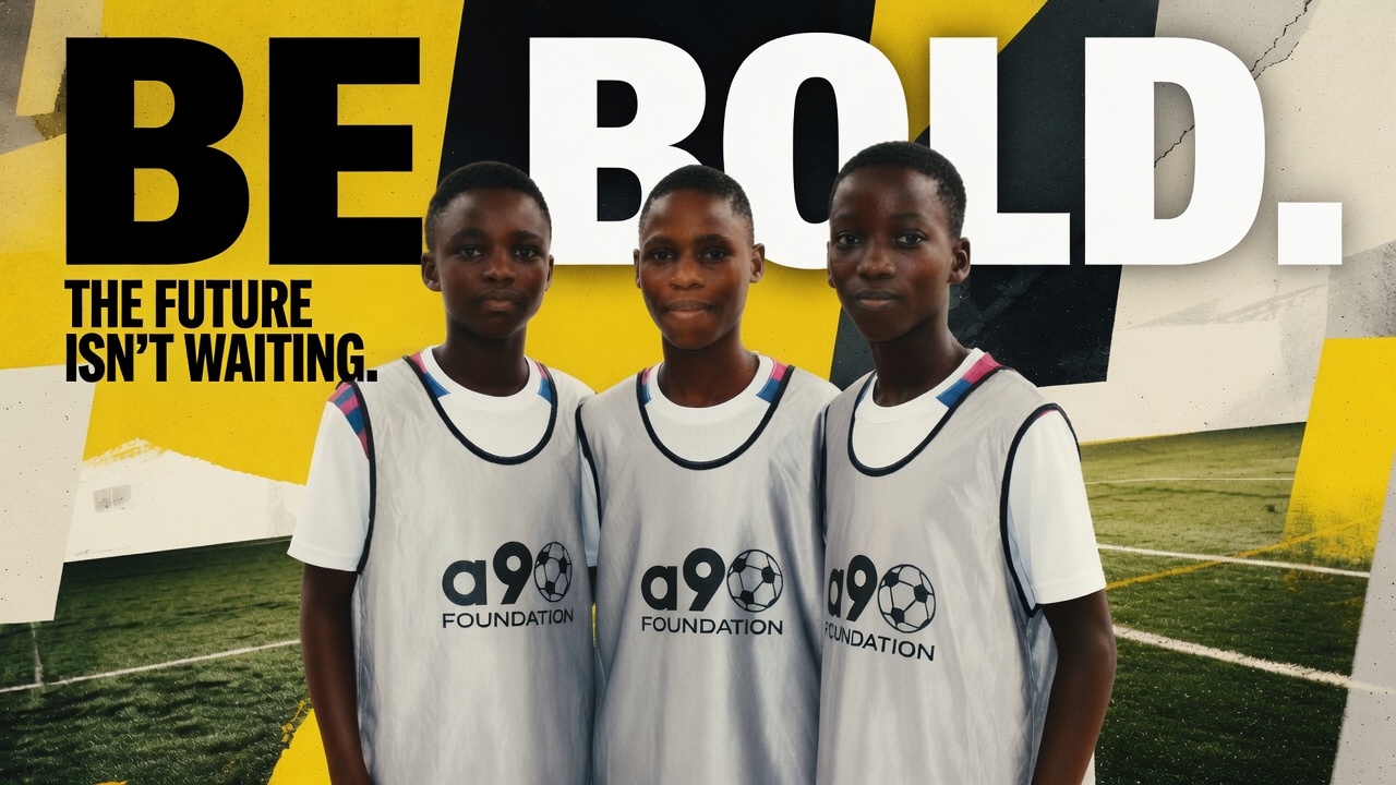Three young players in A90 Foundation bibs — Be Bold campaign